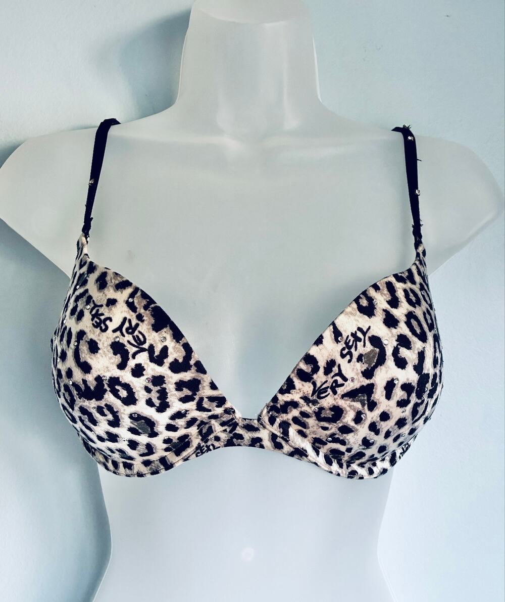 Vintage Victoria's Secret Very Sexy Push Up Bra Animal Print 34B Rhinestone